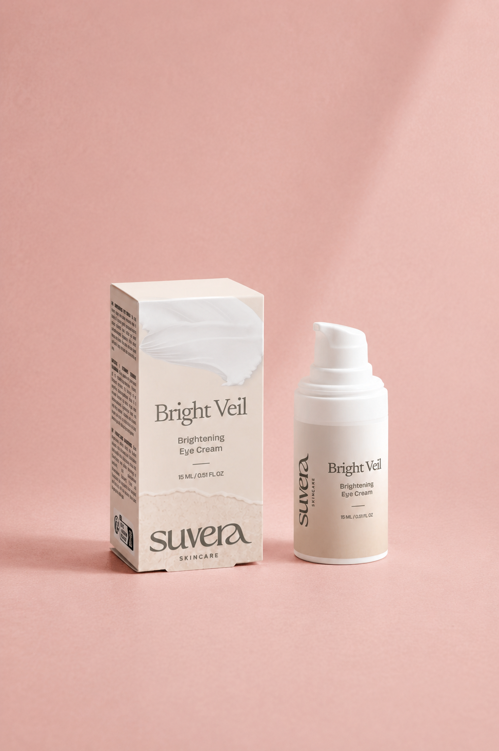 Suvera Bright Veil eye cream packaging and bottle on a pink background Suvera Skincare, natural vegan skincare, skincare rituals