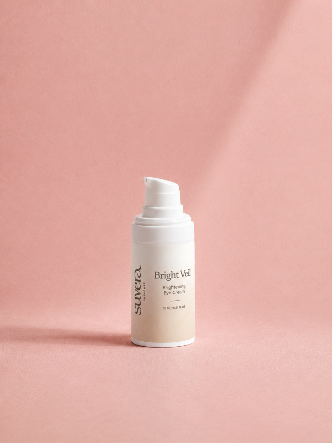 Skincare bottle labeled 'Bright Veil' on a pink background Suvera Skincare, nut-free skincare, COSMOS certified
