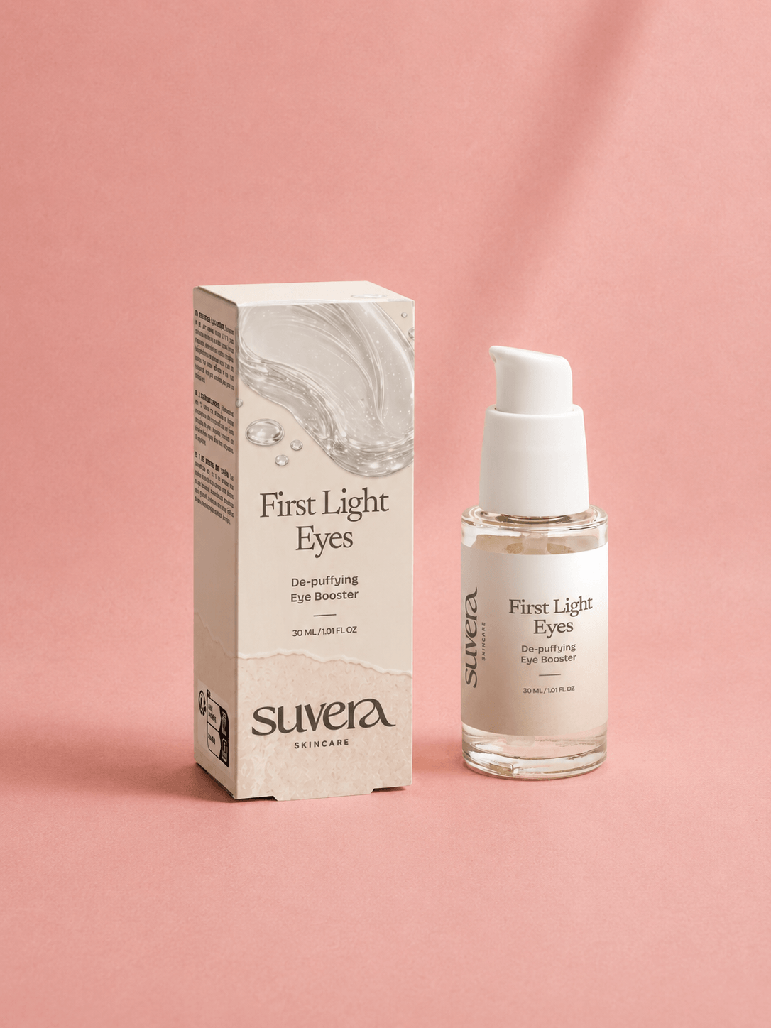 Suvera skincare product 'First Light Eyes' with packaging on a pink background Suvera Skincare