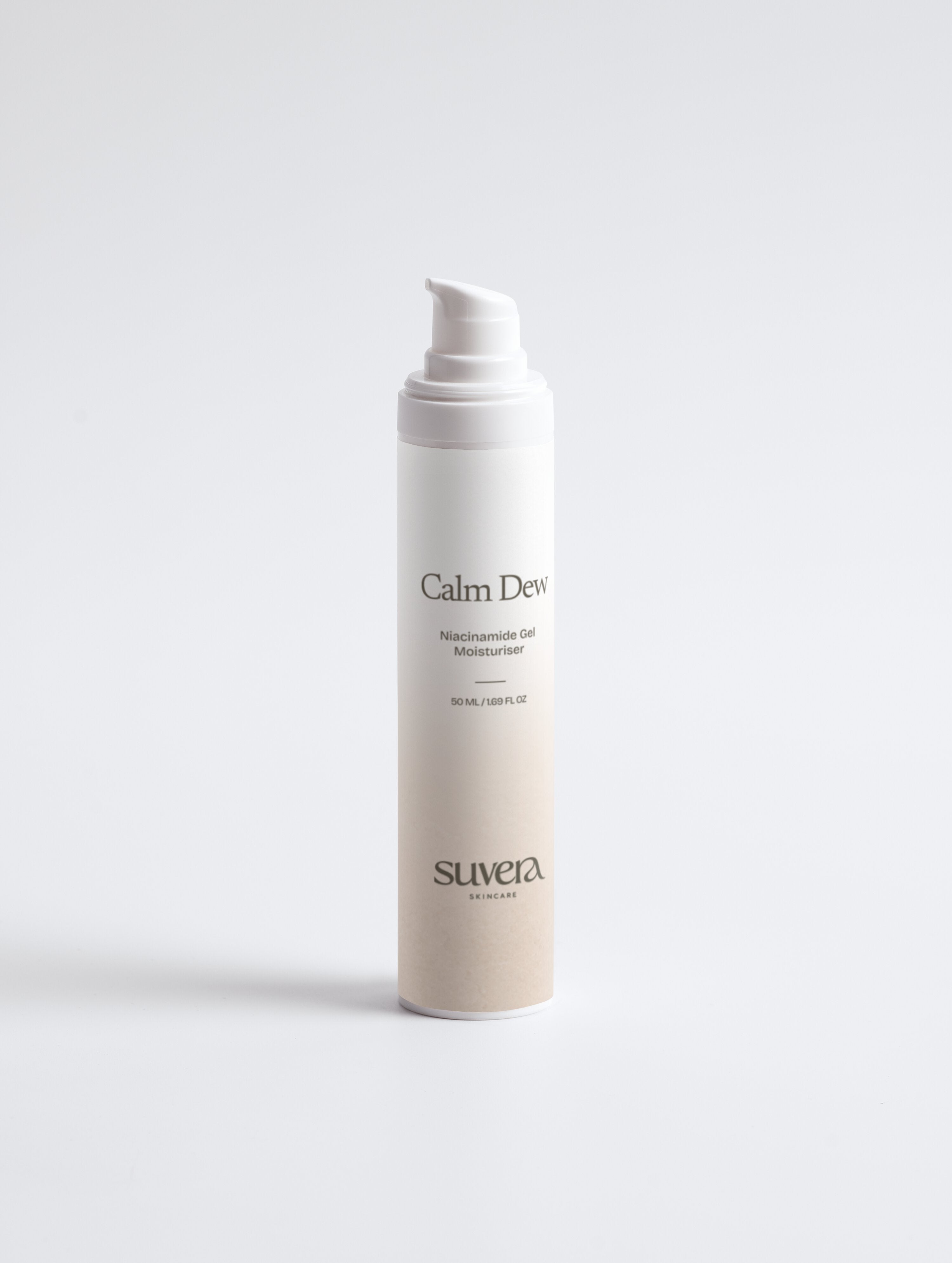 Skincare bottle labeled 'Calm Dev' on a white background Suvera Skincare, modern ritual