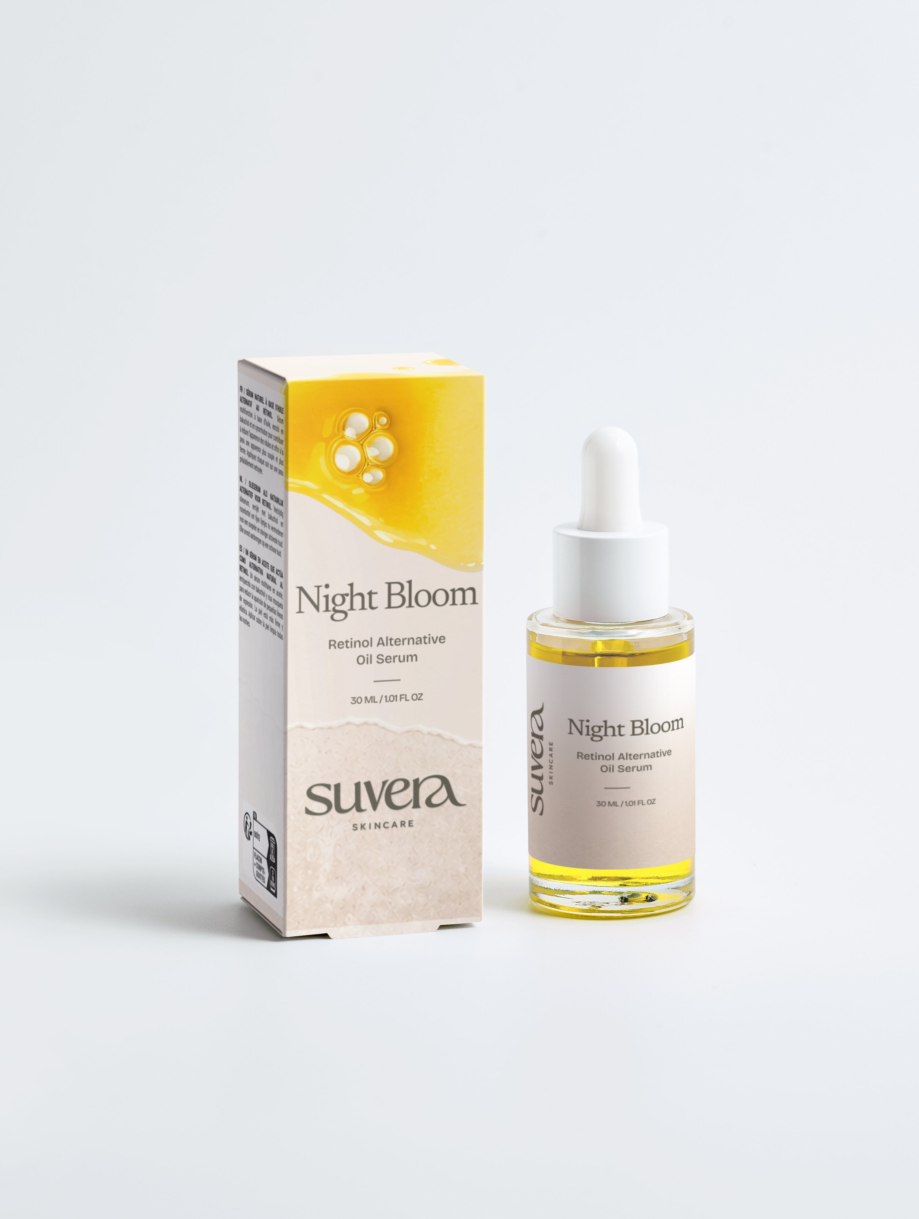 Suvera Night Bloom skincare serum bottle and packaging on a white background Suvera Skincare, skincare rituals, vegan skincare