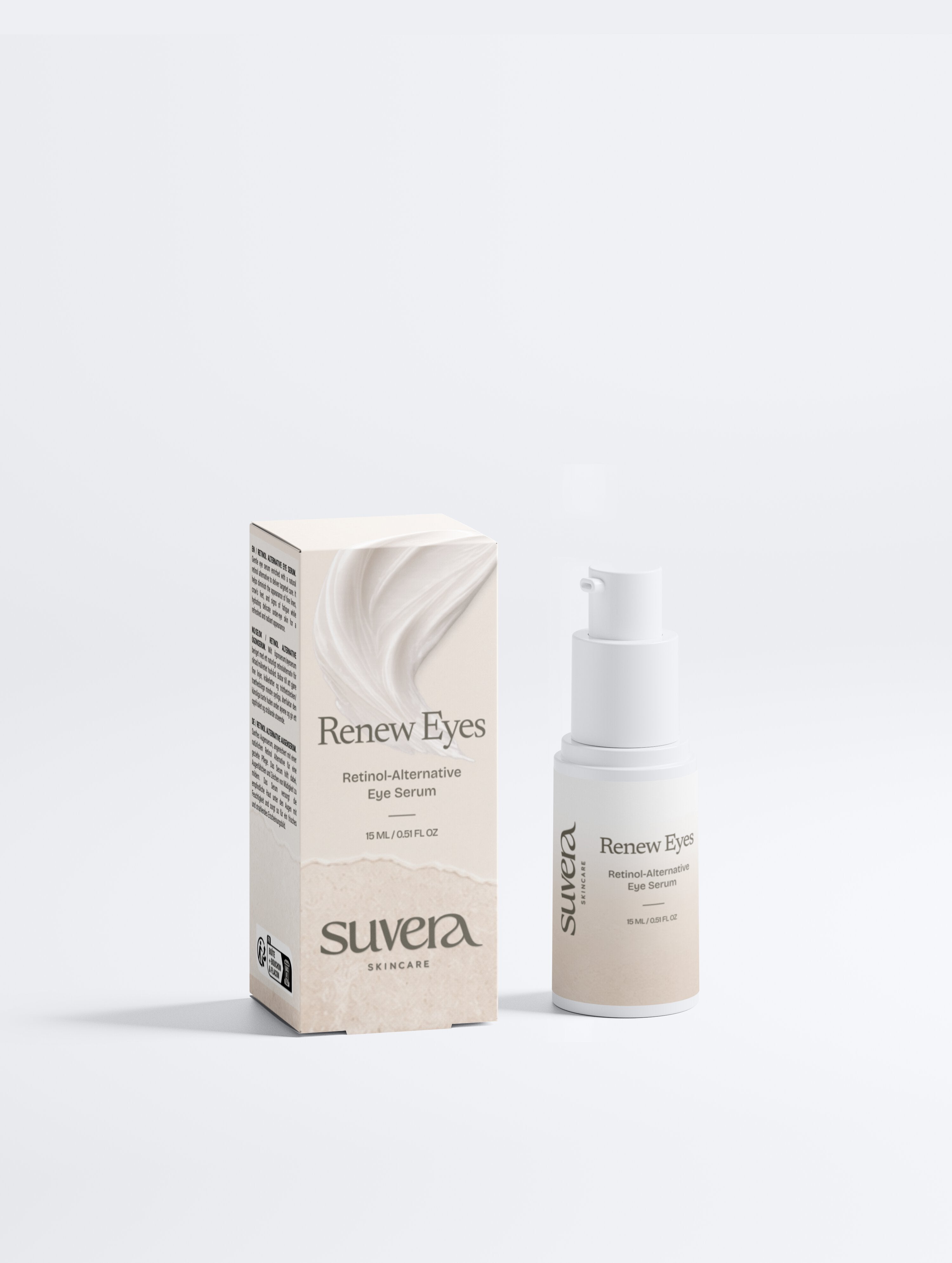 Suvera Renew Eyes eye serum and packaging on a white background Suvera Skincare, luxury skincare