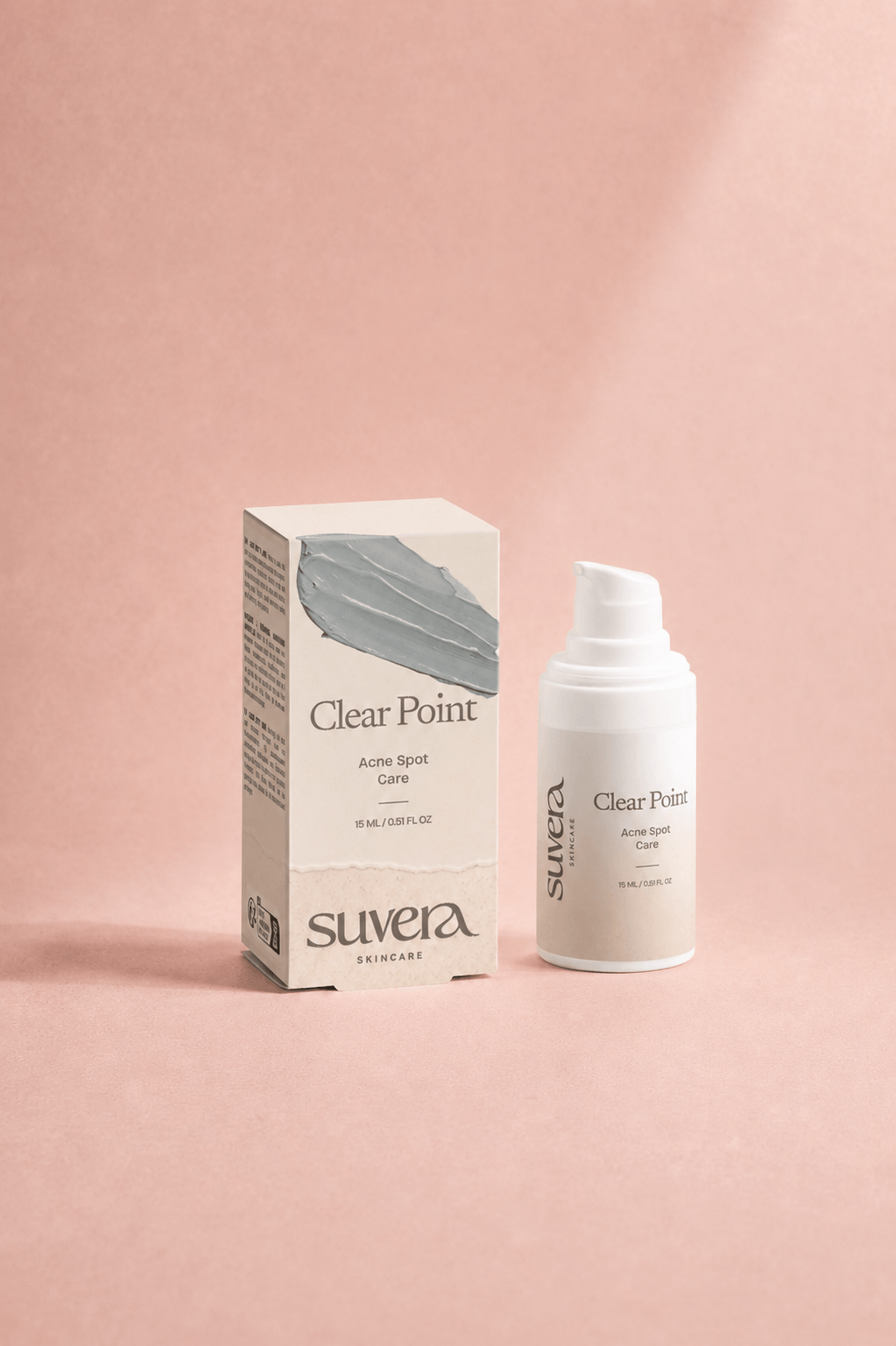 Suvera Clear Point Acne Spot Care shown with its product box and pump bottle on a soft pink background.