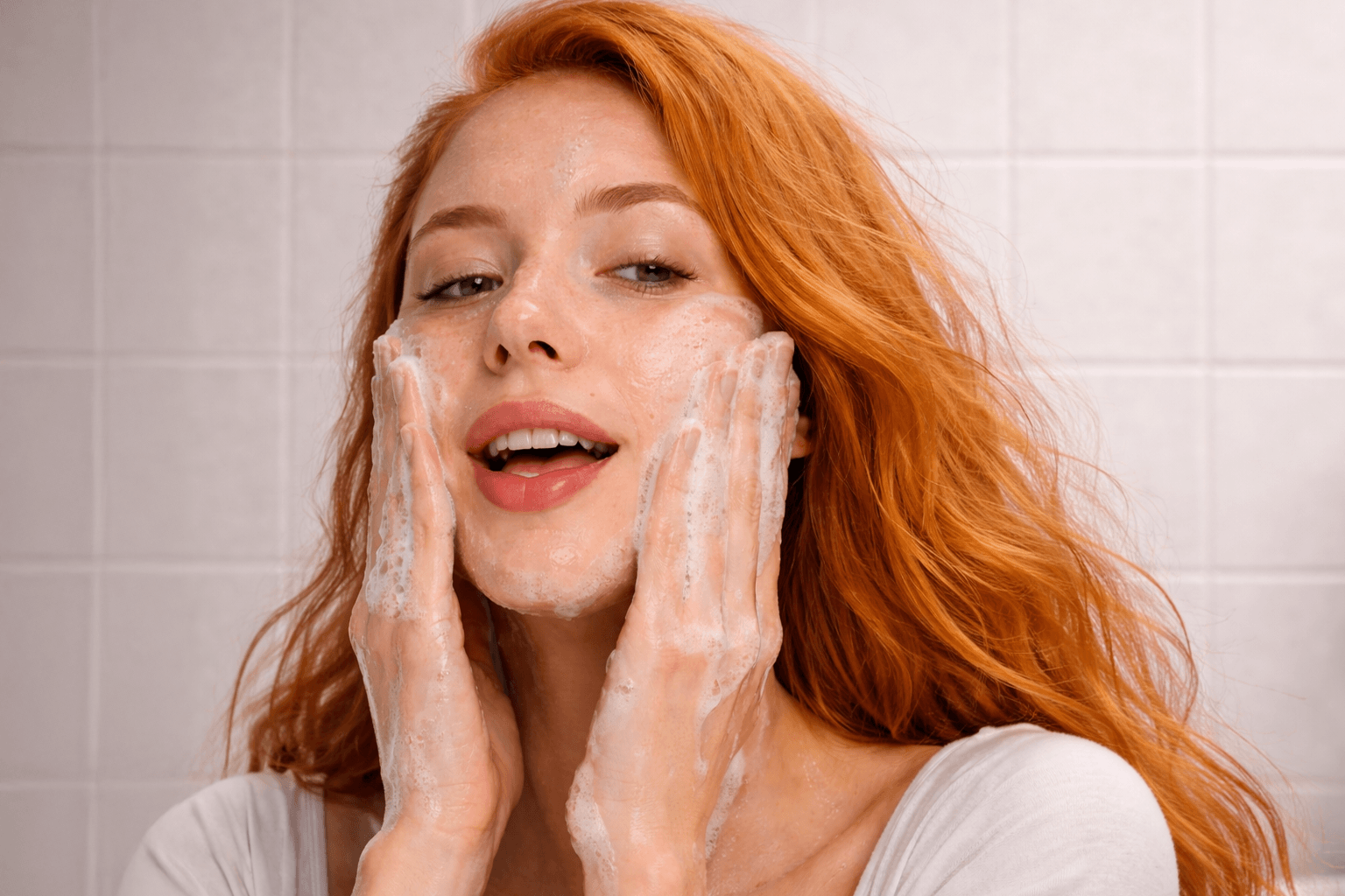 Woman with red hair washing her face in a bathroom setting