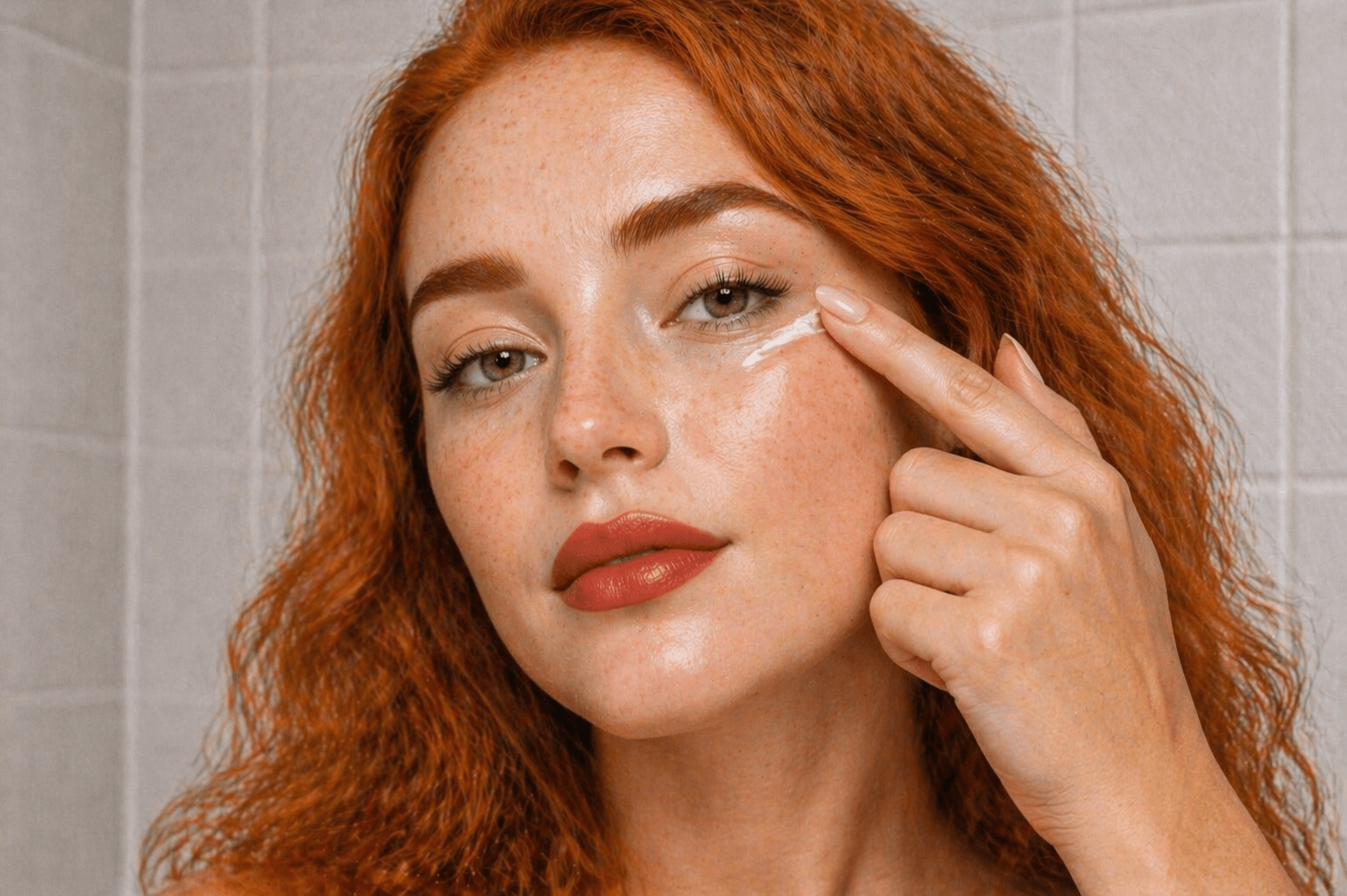 Woman applying cream to her face with a neutral background