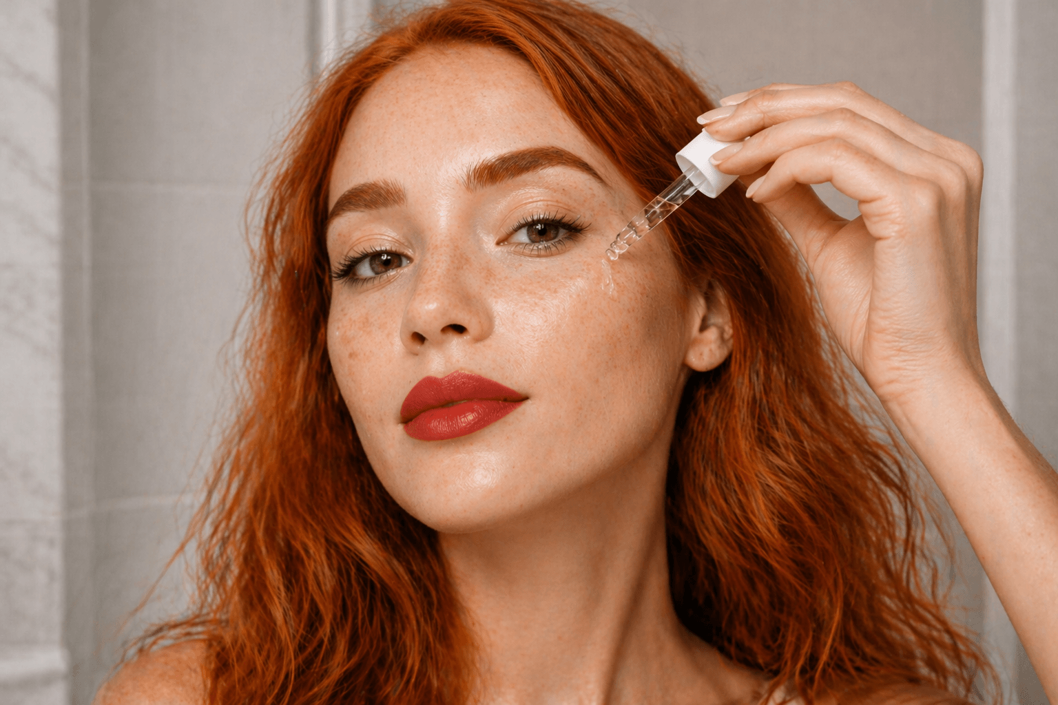 Woman applying a dropper of skincare product to her face.