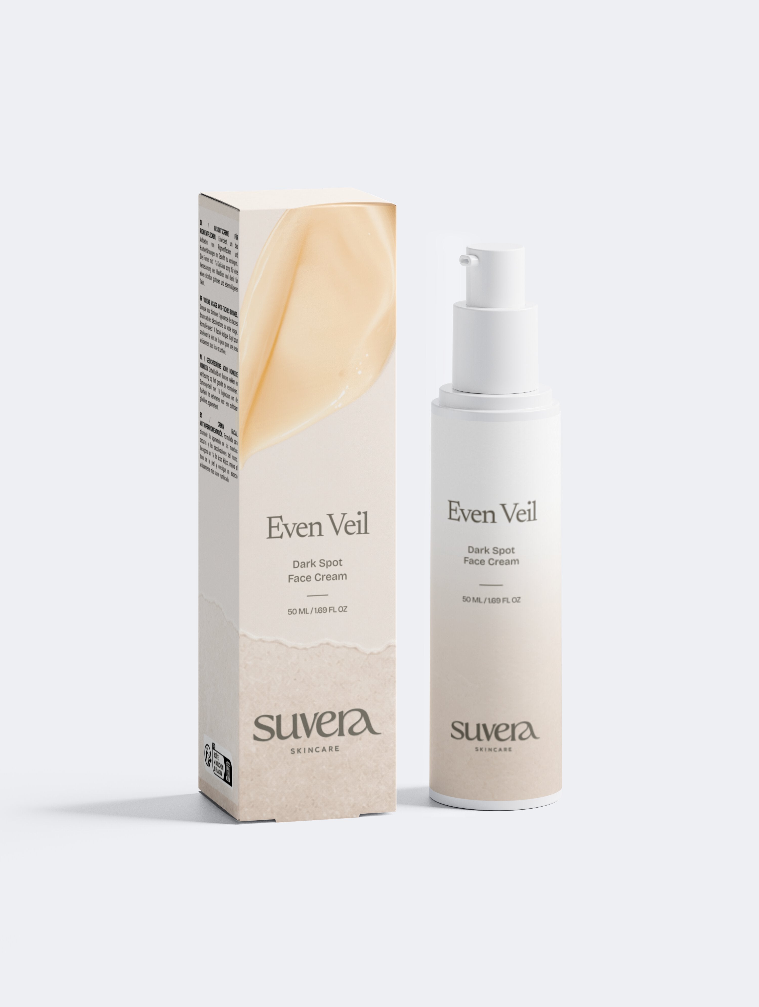 Suvera Even Veil cream bottle and packaging on a white background Suvera Skincare, anti-acne skincare, natural vegan skincare, clean beauty