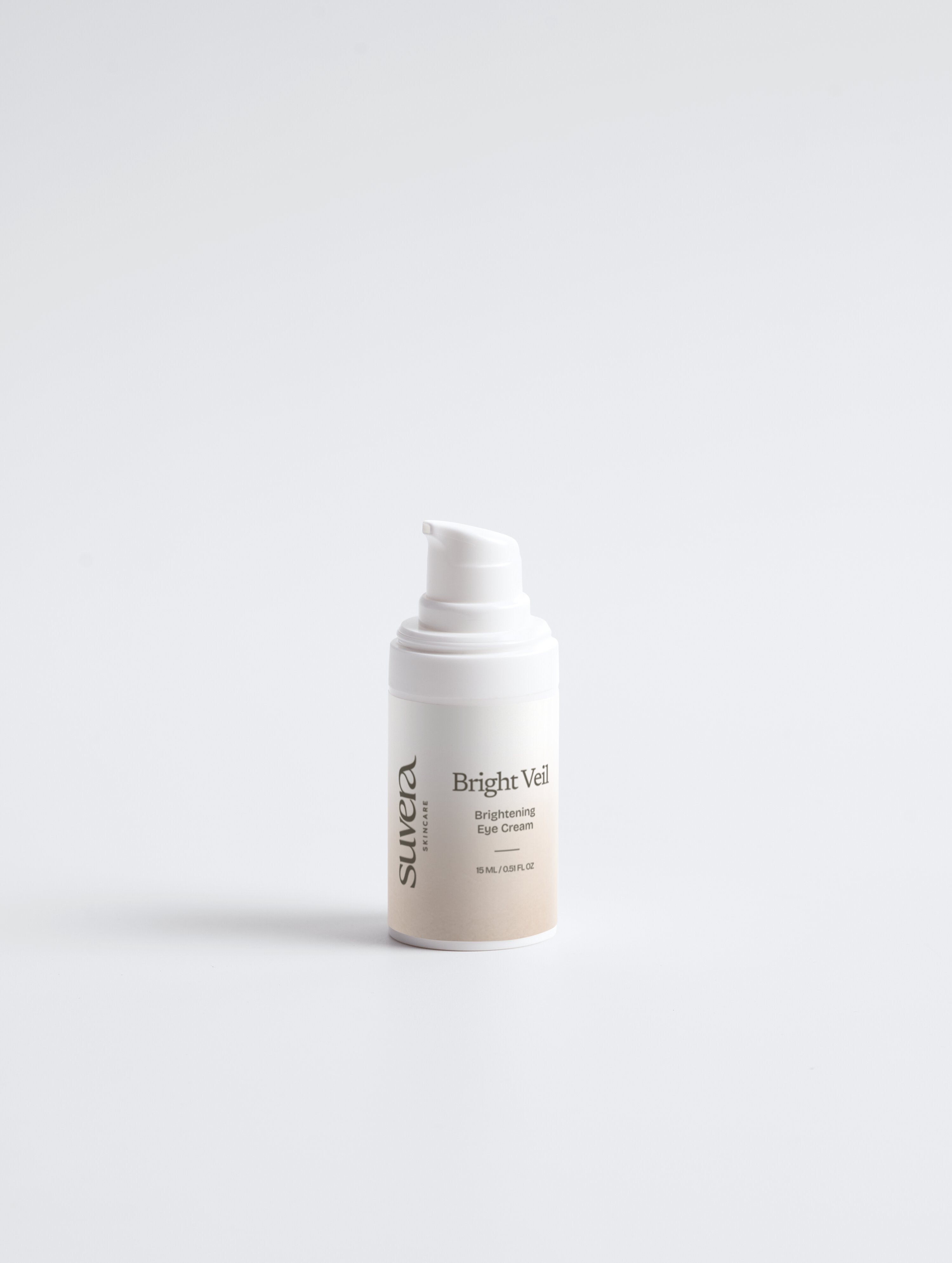 White skincare bottle with a label on a light gray background Suvera Skincare, Bureau Veritas certified, natural vegan skincare