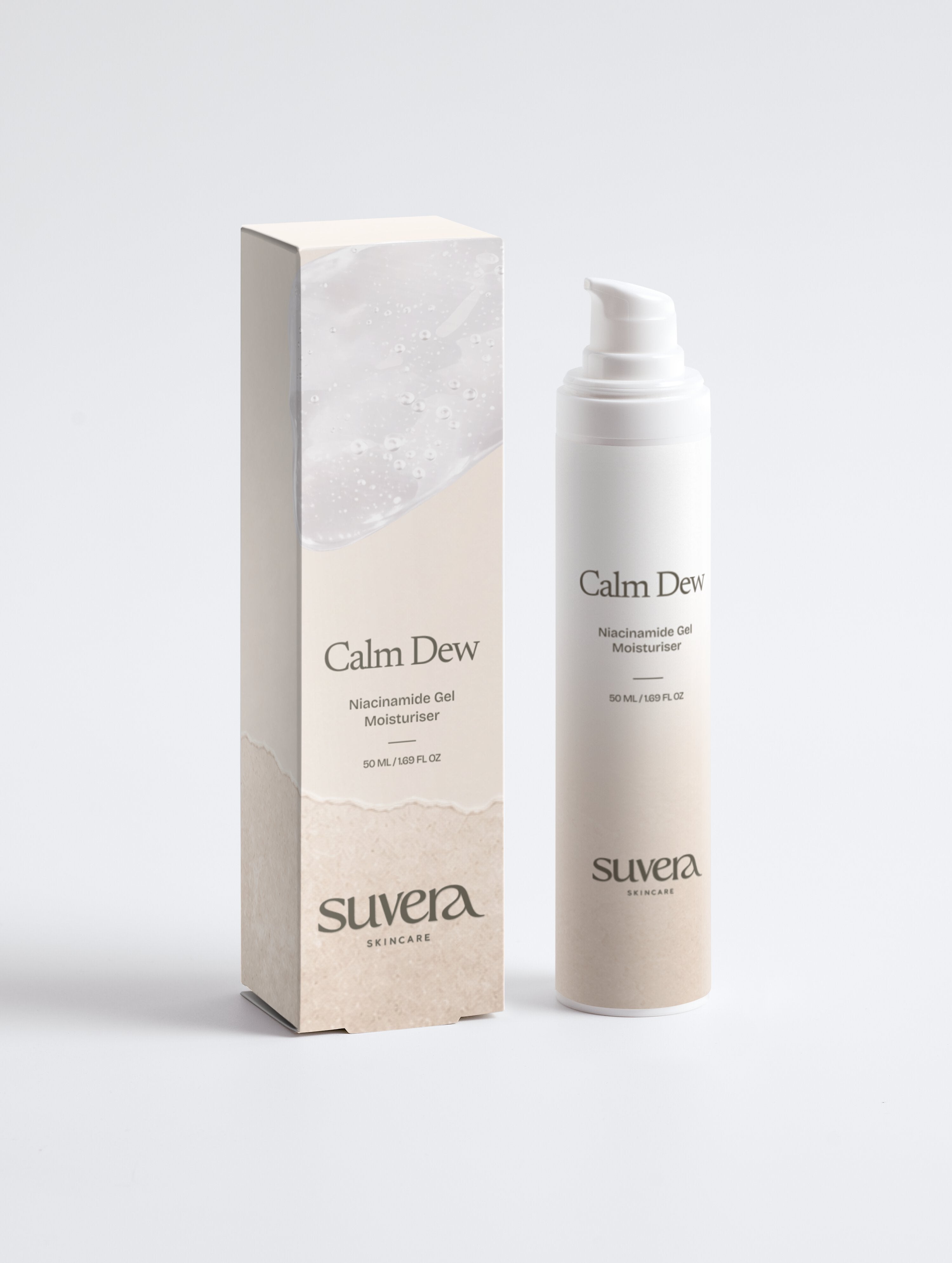 Suvera Calm Dew moisturizer with packaging on a light gray background Suvera Skincare, gentle skincare