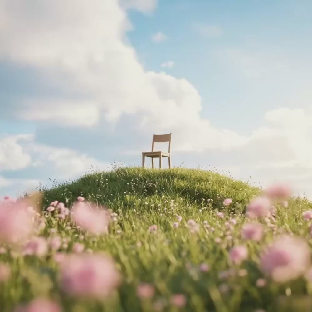 Peaceful setting where a single chair sitting on a small hill with peaceful pink wildflowers Suvera Skincare, local skincare brand, vegan skincare
