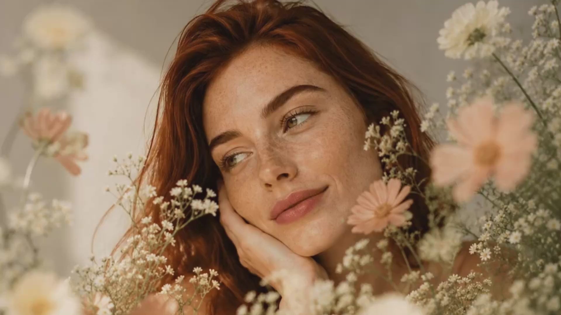 Video of beautiful red hair woman in floral studio set up. Suvera Skincare, skincare rituals, vegan skincare